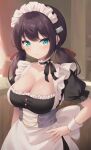  1girl apron aqua_eyes azur_lane black_hair blue_eyes blurry blurry_background blush breasts cleavage closed_mouth collar commentary cowboy_shot detached_collar frilled_collar frills glasgow_(azur_lane) hair_ribbon hand_on_own_hip highres indoors large_breasts long_hair looking_at_viewer low_twintails maid maid_apron maid_headdress misogi_yasan puffy_short_sleeves puffy_sleeves red_ribbon ribbon short_sleeves solo twintails wrist_cuffs 
