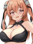 1girl black_bra blush bra breasts brown_eyes highres johnston_(kancolle) kantai_collection light_brown_hair long_hair looking_at_viewer medium_breasts montemasa off_shoulder open_mouth simple_background solo two_side_up underwear united_states_medal_of_honor upper_body white_background 