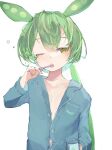  1girl absurdres blue_shirt brushing_teeth commentary_request cup edamame_(food) green_hair half-closed_eye hand_up highres holding holding_cup long_hair long_sleeves looking_down low_ponytail mimikuri_(user_mtdk7723) navel one_eye_closed partially_unbuttoned pocket ponytail shirt simple_background solo very_long_hair voicevox white_background yellow_eyes zundamon 