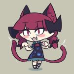  1girl animal_ears black_bow black_footwear blush bow braid cat_ears cat_girl cat_tail collared_dress dress fangs frilled_dress frills hair_bow hands_up kaenbyou_rin multiple_tails puffy_sleeves red_bow red_eyes red_hair shin16 short_sleeves simple_background tail touhou twin_braids two_tails 