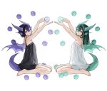  2girls aqua_eyes aqua_horns aqua_tail aqua_wings arms_up bare_legs barefoot black_chemise black_hair highres horns long_hair looking_at_viewer multiple_girls original purple_eyes purple_horns purple_tail purple_wings rinotuna short_hair simple_background white_background white_chemise wings 