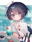  1boy absurdres beret black_hair blue_eyes blue_nails blush chair cherry clock_over_orquesta closed_mouth commentary cropped_shirt cup drink drinking_straw eringikinono fishnet_top fishnets food fruit hair_between_eyes hat high_collar highres ice ice_cream ice_cube kokonoe_konoe long_sleeves looking_at_viewer male_focus nail_polish polka_dot polka_dot_background raised_eyebrows shirt short_hair sidelocks sitting solo spoon stitches symbol-only_commentary table upper_body white_headwear white_shirt wooden_table 