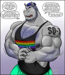  absurd_res anthro body_hair chest_hair clothing hi_res lgbt_pride male mammal muscular muscular_male pride_colors rhinoceros shirt simple_background solo speech_bubble tank_top tattoo topwear vju79 