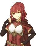  1girl anna_(fire_emblem) armor breastplate brown_cape cape commentary dress english_commentary fire_emblem fire_emblem_echoes:_shadows_of_valentia hand_on_own_hip highres long_sleeves looking_at_viewer medium_hair parody red_dress red_eyes red_hair simple_background smile solo style_parody tartarbox upper_body white_background 