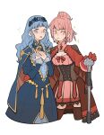  2girls blue_cape blue_dress blue_hair breasts buttons cape cleavage dress fire_emblem fire_emblem:_three_houses fire_emblem_warriors:_three_hopes frills gloves hair_bun head_wreath highres hilda_valentine_goneril holding holding_weapon julianlynnnn long_hair marianne_von_edmund medium_breasts multiple_girls nervous official_alternate_costume open_mouth pink_hair red_cape red_gloves red_ribbon ribbon short_hair sidelocks simple_background sparkle tassel two-tone_cape weapon white_background 