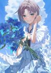  1girl ahoge asakura_toru black_necktie blue_eyes blue_flower blue_sky blush clothes_around_waist cloud cowboy_shot cute_mdr day dot_nose flower gradient_hair grey_skirt hands_up highres holding holding_flower idolmaster idolmaster_shiny_colors leaf looking_at_viewer multicolored_hair necktie open_mouth outdoors parted_bangs pleated_skirt school_uniform shirt short_hair short_sleeves skirt sky smile solo standing white_shirt 