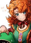  1boy 1girl blue_eyes closed_mouth curly_hair dated dragon_quest dragon_quest_vii dress hero_(dq7) hood jewelry long_hair looking_at_viewer maribel_(dq7) morino_shoutarou orange_hair ring simple_background smile white_background 