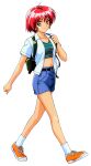  1990s_(style) 1girl backpack bag blue_eyes casual cropped_shirt full_body highres hinomoto_hikari kokura_masashi looking_at_viewer midriff mole mole_under_eye non-web_source open_clothes open_shirt red_hair retro_artstyle shirt shoes short_hair short_sleeves smile sneakers solo standing striped striped_shirt tokimeki_memorial tokimeki_memorial_2 white_shirt 