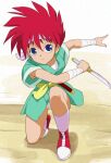  1girl blue_eyes character_request closed_mouth full_body haruyama_kazunori headband holding holding_knife japanese_clothes knife looking_at_viewer panties red_hair short_hair socks solo spiked_hair underwear weapon white_panties white_socks 