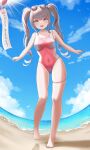  1girl absurdres alice_(nikke) beach blue_sky breasts cloud day eyewear_on_head goddess_of_victory:_nikke grey_hair highleg highleg_swimsuit highres horizon long_hair medium_breasts ocean one-piece_swimsuit outdoors pink_eyes sand sidelocks sky smile solo swimsuit twintails two-tone_swimsuit water yomining 