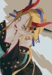  1girl bare_shoulders black_kimono black_maria_(one_piece) blonde_hair blue_eyes breasts closed_mouth hair_ornament hairpin hands_on_own_cheeks hands_on_own_face horns japanese_clothes kimono long_hair looking_at_viewer numata_(oioioioiai) one_piece oni_horns open_clothes open_kimono red_horns simple_background solo 