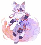  1other :&lt; absurdres animal_ears full_body furry hand_up highres hua_hua_de_meme large_tail looking_at_viewer orange_eyes original purple_fur purple_hair standing standing_on_one_leg tail turning_head watermark white_background 