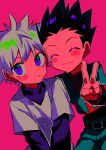  2boys belt black_belt black_hair blush_stickers closed_eyes closed_mouth facing_viewer gon_freecss green_jacket green_pants highres hunter_x_hunter jacket killua_zoldyck long_sleeves looking_at_viewer male_focus menma_(enaic31) multiple_boys pants pink_background shirt short_hair simple_background smile spiked_hair v white_hair white_shirt 