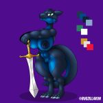  abs absurd_res anthro big_breasts blue_body blue_nipples breasts bugzilla claws female genitals green_eyes hi_res holding_object holding_weapon kobold looking_at_viewer melee_weapon multicolored_body nipples nude pussy scalie short_stack solo sword tail thick_thighs toe_claws two_tone_body weapon wide_hips 
