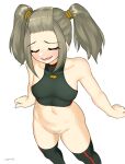 1girl absurdres belly blush bottomless embarrassed highres largemilk navel nipples nude pubic_hair pussy shania_(xenoblade) signature simple_background smile twintails white_background xenoblade_chronicles_(series) xenoblade_chronicles_3 