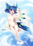  2017 4_fingers absurd_res anthro avian beak bird blue_hair chest_tuft cloud detailed_background feathers female fingers fur hair hi_res inner_ear_fluff looking_at_viewer multicolored_body multicolored_feathers oko-san perico pink_eyes sky solo tongue tuft wave white_body white_fur 