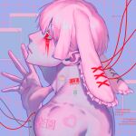  1boy animal_ears arm_tattoo closed_mouth facepaint from_side gyuing666 highres male_focus neck_tattoo original pink_hair pink_theme profile rabbit_boy rabbit_ears red_eyes short_hair simple_background solo tattoo topless_male 