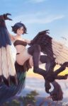  1girl ahoge animal_ears bird_ears bird_legs bird_tail black_feathers black_hair blue_feathers blue_hair blush breasts brown_tube_top claws commentary_request feathers flying gradient_hair gradient_tail harpy highres holding_with_feet jewelry loincloth monster_girl multicolored_hair multicolored_wings necklace original parted_lips personal_ami short_hair sky small_breasts solo strapless tail tail_feathers talons tube_top white_feathers winged_arms wings yellow_eyes 