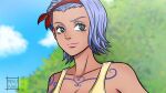  1girl arm_tattoo artist_name bare_shoulders blue_hair chest_tattoo closed_mouth cloud cloudy_sky english_commentary green_eyes hairband highres lipstick makeup mesukohi nojiko one_piece outdoors pink_lips red_hairband short_hair sky smile solo tattoo tree 