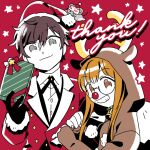  1boy 1girl amamiya_ren animal_costume bell black_gloves black_hair brown_eyes brown_hair christmas collared_shirt gift gloves grin hat holding holding_gift holding_sack long_hair looking_at_viewer neck_bell oneroom-disco persona persona_5 pom_pom_(clothes) red_background red_nose reindeer_costume sack sakura_futaba santa_costume santa_hat shirt short_hair simple_background smile thank_you 