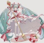  1girl absurdres aqua_eyes aqua_hair blue_eyes blue_hair cake crown detached_sleeves dress flower food fork fruit full_body hair_flower hair_ornament hair_ribbon hairband hatsune_miku highres holding holding_fork long_hair looking_at_viewer plate red_footwear red_ribbon ribbon shoes sleeveless solo strawberry twintails very_long_hair vocaloid white_background yukihira_makoto 