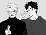  2boys adjusting_eyewear birthmark charai_(withoutyou222) dio_brando glasses highres joestar_birthmark jojo_no_kimyou_na_bouken jonathan_joestar long_sleeves looking_at_viewer male_focus middle_finger monochrome multiple_boys muscular parted_lips phantom_blood short_hair smirk sunglasses sweater turtleneck turtleneck_sweater 