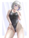  1girl black_one-piece_swimsuit blue_eyes breasts cameltoe cleavage commentary_request competition_swimsuit cowboy_shot grey_hair groin hair_ornament hairclip highleg highleg_swimsuit large_breasts looking_at_viewer mashinatsu one-piece_swimsuit original short_hair solo standing swimsuit wet wet_clothes wet_swimsuit 