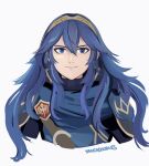  1girl absurdres armor artist_name blue_eyes blue_hair closed_mouth fire_emblem fire_emblem_awakening hair_between_eyes highres long_hair looking_at_viewer lucina_(fire_emblem) shoulder_armor smile solo symbol_in_eye tiara upper_body white_background yancadoodles 