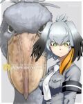  1girl bangs beak bird bird_girl black_hair breast_pocket breasts character_name closed_mouth collared_shirt gradient_hair green_eyes grey_hair grey_shirt hair_between_eyes head_wings highres kemono_friends looking_at_viewer medium_breasts multicolored_hair necktie orange_hair oso_(toolate) pocket shirt shoebill shoebill_(kemono_friends) simple_background twitter_username upper_body web_address white_necktie 