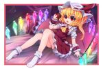  1girl apple arm_support ascot bare_legs bed bed_sheet bedroom blonde_hair breasts collared_shirt crystal flandre_scarlet food frilled_pillow frilled_shirt_collar frilled_skirt frills fruit full_body glowing glowing_wings hat hat_ribbon highres holding holding_food holding_fruit indoors leaning_back looking_at_food medium_hair mob_cap mr.turtle_head multicolored_wings no_shoes on_bed one_side_up panties pillow puffy_short_sleeves puffy_sleeves red_apple red_eyes red_ribbon red_skirt red_vest ribbon ribbon-trimmed_headwear ribbon_trim shirt short_sleeves skirt skirt_set small_breasts socks solo teeth touhou underwear upper_teeth_only vest white_headwear white_panties white_shirt white_socks wings wrist_cuffs yellow_ascot 