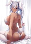  1girl absurdres animal_ears ass ass_cutout bikini bow breasts brown_eyes butt_crack closed_mouth clothing_cutout crossed_bangs curtains dark-skinned_female dark_skin dated fake_animal_ears fake_tail grey_hair hair_between_eyes hair_bow highres huge_breasts indoors jewelry kantai_collection lace-trimmed_legwear lace_trim long_hair looking_at_viewer looking_back low_twintails mashiro_yukiya musashi_(kancolle) no_eyewear on_bed rabbit_ears rabbit_tail ring sideboob signature sitting solo swimsuit tail thighhighs twintails two_side_up very_long_hair wariza wedding_ring white_bikini white_thighhighs 