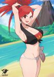  1girl :d arm_behind_head armpits arms_up artist_logo artist_name bandeau bare_shoulders bikini black_shirt blue_sky blush breasts cleavage cloud cloudy_sky collarbone dirt_road flannery_(pokemon) hill kaos_art large_breasts long_hair looking_at_viewer midriff navel open_mouth outdoors pokemon pokemon_(game) pokemon_oras ponytail red_bandeau red_eyes red_hair river road sand shirt side-tie_bikini_bottom sideboob sky sleeveless sleeveless_shirt smile solo split_ponytail standing stomach swimsuit thick_thighs thighs tied_shirt v-shaped_eyebrows volcano water 