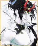  1boy abs black_hair border closed_mouth expressionless fur_trim headband heterochromia horns jian_tai_(cuoyu0) kayn_(league_of_legends) league_of_legends looking_at_viewer male_focus muscular muscular_male nipples official_alternate_costume orange_border parted_bangs ponytail red_eyes red_horns scar scar_on_face signature simple_background snow_moon_kayn solo upper_body white_background white_eyes 