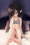  1girl absurdres anus bar_censor barefoot black_hair blue_eyes blush bottomless bra breasts censored commentary_request expressionless feet full_body grey_bra h.yasai hair_over_one_eye highres long_hair looking_at_viewer low_twintails navel on_bed original pillow pointy_ears pussy sitting small_breasts solo sports_bra toes twintails underwear veins 