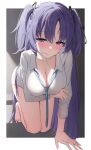  1girl blue_archive blue_eyes blue_necktie blush breasts cleavage commentary covered_nipples hair_between_eyes hair_in_own_mouth highres kneeling large_breasts long_hair long_sleeves looking_at_viewer necktie nenight no_pants outside_border parted_bangs purple_eyes purple_hair shirt solo thighs triangle_hair_ornament twintails white_shirt yuuka_(blue_archive) 