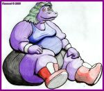  2005 anthro belly bertha big_belly big_breasts big_butt boots breasts butt clothed clothing common_hippopotamus female footwear graphite_(artwork) green_hair hair hippopotamid huge_butt kazecat mammal obese obese_anthro obese_female overweight overweight_anthro overweight_female pencil_(artwork) purple_body red_boots red_clothing red_footwear simple_background sitting solo topwear traditional_media_(artwork) white_background 