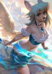  anthro bandeau breasts clothing collar feathered_wings feathers female hair hi_res ladyshalirin looking_at_viewer magic mammal small_breasts solo staff topwear wings 
