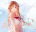  1girl bare_shoulders brown_eyes brown_hair closed_mouth copyright_request crop_top floating_hair hair_between_eyes irisrey long_hair looking_at_viewer navel pointy_ears red_ribbon ribbon smile solo upper_body very_long_hair 