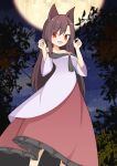  1girl animal_ears breasts brown_hair cleavage commentary dress fang feet_out_of_frame full_moon hekkmushi highres imaizumi_kagerou long_hair moon night off-shoulder_dress off_shoulder open_mouth outdoors red_dress red_eyes red_pupils skin_fang sky solo standing star_(sky) starry_sky touhou two-tone_dress white_dress wolf_ears wolf_girl 