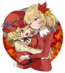  2girls aki_minoriko aki_shizuha apron blonde_hair breasts closed_mouth collared_shirt commentary fruit_hat_ornament grape_hat_ornament hair_between_eyes hair_ornament hat hat_ornament heart highres iroyopon large_breasts leaf_hair_ornament long_sleeves mob_cap multiple_girls one_eye_closed open_mouth red_apron red_eyes red_headwear red_shirt shirt short_hair siblings sisters small_breasts smile symbol-only_commentary touhou yellow_eyes yellow_shirt 