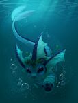  ambiguous_gender bandage blue_body blue_eyes bubble ear_fins eeveelution ezpups feral fin frill_(anatomy) generation_1_pokemon head_fin headgear hi_res leaf neck_frill nintendo paws pokemon pokemon_(species) snout solo swimming tail tail_fin underwater vaporeon water 