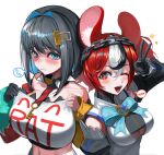  2girls absurdres animal_ear_fluff animal_ears bare_shoulders black_hair blue_eyes blush bob_cut bow bowtie breasts brooch chain_headband clothes_pull collarbone colored_inner_hair cosplay costume_switch crop_top detached_sleeves english_text from_above frown gloves hair_between_eyes hair_intakes hakos_baelz highres holocouncil hololive hololive_english jewelry large_breasts looking_at_viewer medium_breasts medium_hair mouse_ears mousetrap multicolored_hair multiple_girls off-shoulder_shirt off_shoulder one_eye_closed open_mouth ouro_kronii pinstripe_pattern red_eyes shirt shirt_pull simple_background single_glove smile speech_bubble striped two-tone_eyes underboob upper_body v white_background yuudokou_shounen 