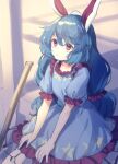  1girl animal_ears blue_dress blue_hair closed_mouth commentary crescent_print dress frilled_dress frills long_hair low_twintails rabbit_ears rabbit_girl red_eyes seiran_(touhou) short_sleeves solo star_(symbol) star_print tomobe_kinuko touhou twintails 