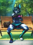  absurd_res anthro auria bench bikini bottomwear cellphone clothing female flashing flashing_underwear hi_res lagomorph leg_warmers legwear leporid looking_at_viewer mammal messenger_bag park_bench phone rabbit senri_(artist) skirt smartphone solo spread_legs spreading swimwear upskirt 