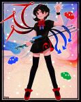  1girl arm_up asymmetrical_wings black_border black_dress black_hair black_thighhighs blue_wings border bow bowtie commentary dress full_body grin highres holding_trident houjuu_nue k0nfette looking_at_viewer pointy_ears polearm red_bow red_bowtie red_eyes red_footwear red_wings shoes short_hair short_sleeves smile snake solo thighhighs touhou trident ufo waving weapon wings 