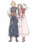  1boy 1girl aerith_gainsborough ancotsubu armor baggy_pants bandaged_arm bandages bangle belt blonde_hair blue_pants blue_shirt blush boots bracelet brown_footwear brown_hair choker closed_eyes cloud_strife cropped_jacket dress final_fantasy final_fantasy_vii final_fantasy_vii_remake flower_choker full_body hand_on_own_hip hand_up highres holding_another&#039;s_arm jacket jewelry leather_belt long_dress long_hair multiple_belts open_mouth pants parted_bangs pink_dress red_jacket shirt short_hair short_sleeves shoulder_armor single_bare_shoulder sketch sleeveless sleeveless_turtleneck smile spiked_hair standing sweatdrop turtleneck white_background 