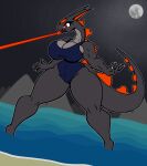  4_fingers angry anthro beach beam big_breasts blue_clothing blue_swimwear breasts clothing eyelashes female fingers grey_body hi_res kaiju light long_ears long_tail mature_female moon moonlight mountain muscular muscular_female nails night one-piece_swimsuit red_eyes sea seaside simple_background solo swimwear tail tall teeth water wide_hips z_dragon 