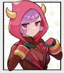  1girl black_gloves breasts courtney_(pokemon) dress fake_horns gloves half-closed_eyes hood hooded_vest hoodie horned_headwear horned_hood horns hsin large_breasts long_sleeves pokemon pokemon_(game) pokemon_oras purple_eyes purple_hair red_sweater ribbed_dress ribbed_sweater solo sweater team_magma team_magma_uniform vest 