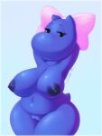  anthro big_breasts blue_body blue_skin bow_accessory breasts common_hippopotamus female hands_behind_head hi_res hippo_model hippopotamid link&#039;s_awakening looking_at_viewer mammal nintendo nude pose short_tail signature sirredbenjamin slightly_chubby solo tail the_legend_of_zelda thick_thighs wide_hips 