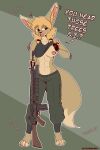 2023 abs absurd_res anthro assault_rifle barefoot biped black_nose blonde_hair breasts canid canine clothed clothing english_text feet female fennec fingers fluffy fluffy_tail fox full-length_portrait fur grenade_launcher gun hair hi_res holding_gun holding_object holding_weapon mammal nipple_piercing nipples onomatopoeia piercing portrait presenting presenting_breasts question_mark ranged_weapon rifle shirt simple_background smile solo sound_effects standing tail tank_top text the_man topwear weapon 